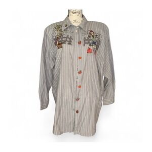 Karen Scott II Button Up Striped Fall‎ Embroidered Pumpkin Scarecrow Shirt 1X